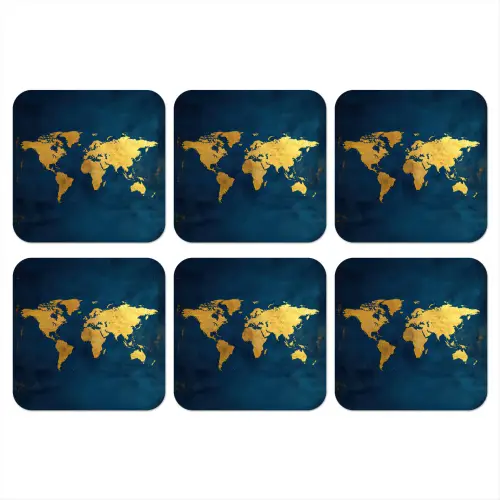 Wereldkaart - Goud - Donkerblauw onderzetter kurk middel -3d