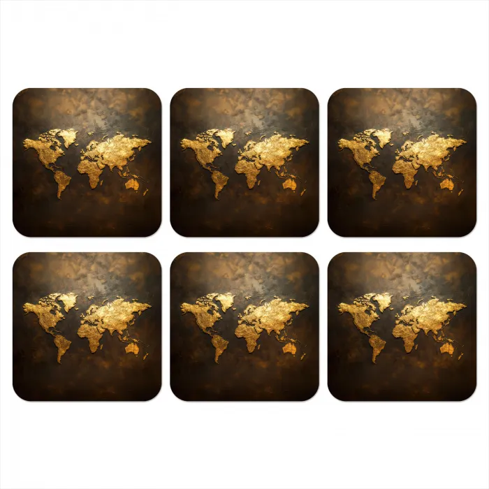 Wereldkaart - Goud - Roest onderzetter kurk middel -3d