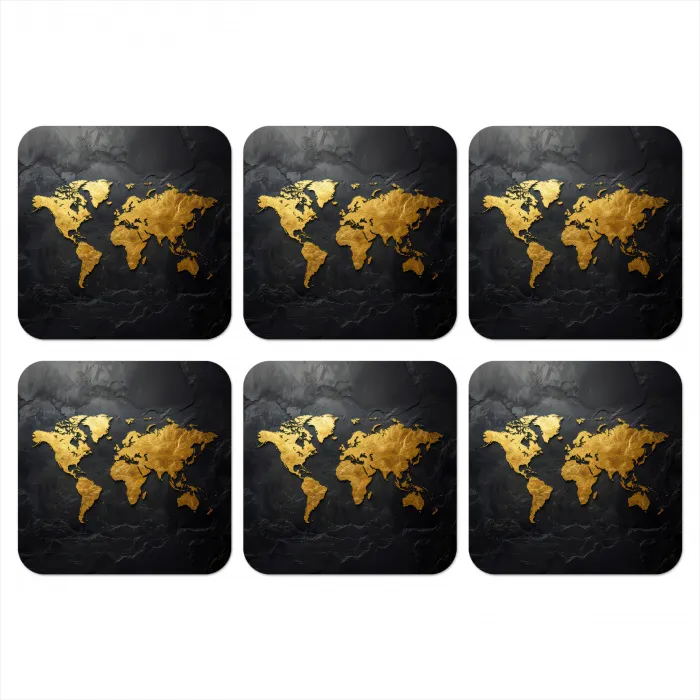 Wereldkaart - Goud - Steen onderzetter kurk middel -3d