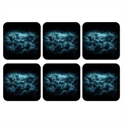 Wereldkaart - Bliksem - Blauw onderzetter kurk middel -3d