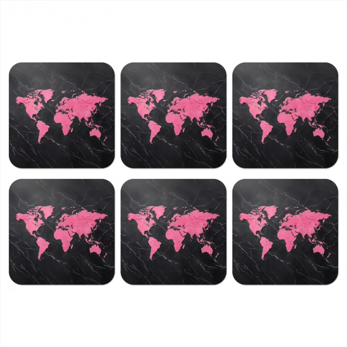 Wereldkaart - Roze - Marmer onderzetter kurk middel -3d