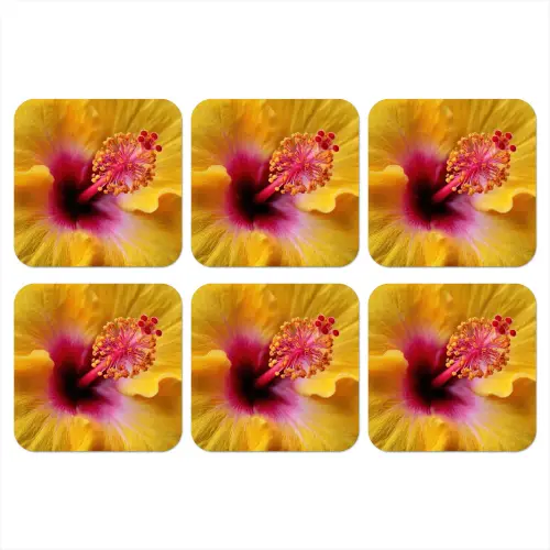 Geel - Hibiscus - Tropisch onderzetter kurk middel -3d
