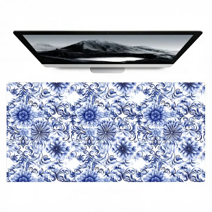 Bloemen - Blauw - Patroon - Wit Muismat XXL klein 681 -zzz3d
