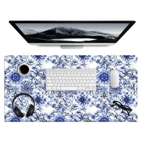 Bloemen - Blauw - Patroon - Wit Muismat XXL klein 681 -3d