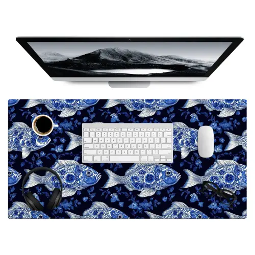Vissen - Bloemen - Blauw Muismat XXL klein 681 -3d