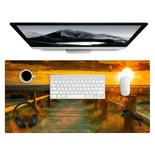 Zon - Strand - Duin - Horizon - Gras - Pad - Oranje Muismat XXL klein -3d