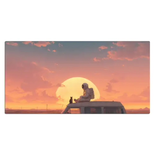 Busje - Kat - Zonsondergang - Oranje Muismat XXL klein -3d_leeg