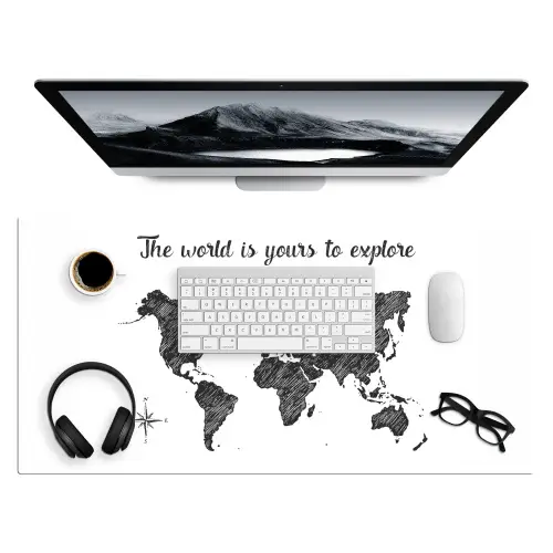 Wereldkaart - Quote - Zwart - Wit Muismat XXL klein -3d