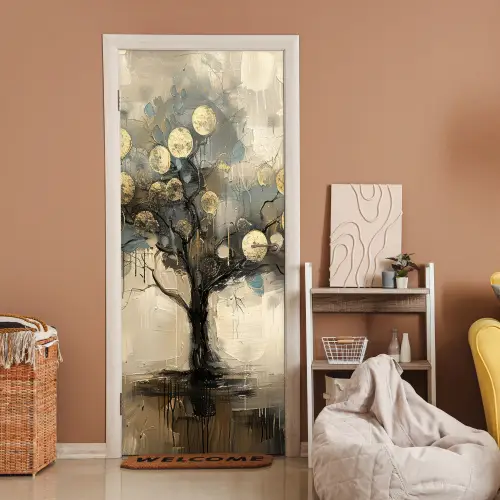 Beige - Abstract - Boom - Goud deurposter klein -sfeer1