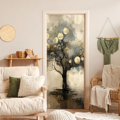 Beige - Abstract - Boom - Goud deurposter klein -sfeer2