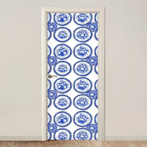 Cirkels - Bloemen - Blauw deurposter klein 289 -3d_beige