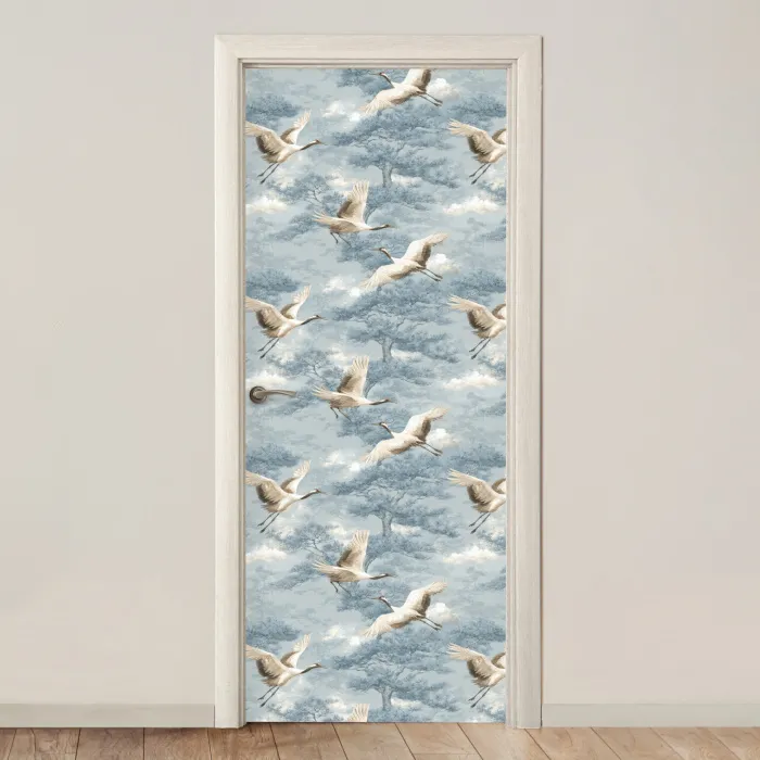 Wolken - Kraanvogels - Blauw deurposter klein 289 -3d_beige