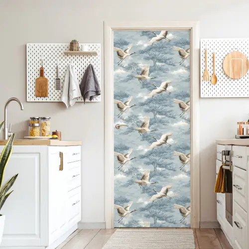 Wolken - Kraanvogels - Blauw deurposter klein 289 -sfeer5