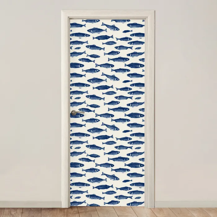 Vissen - Patroon - Blauw - Wit deurposter klein 289 -3d_beige