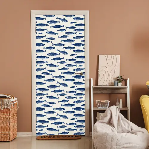 Vissen - Patroon - Blauw - Wit deurposter klein 289 -sfeer1