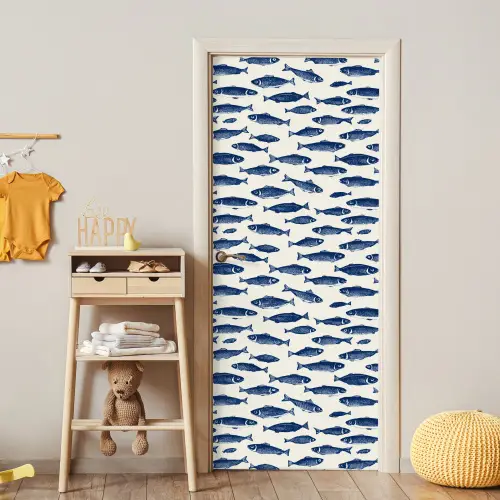 Vissen - Patroon - Blauw - Wit deurposter klein 289 -sfeer4