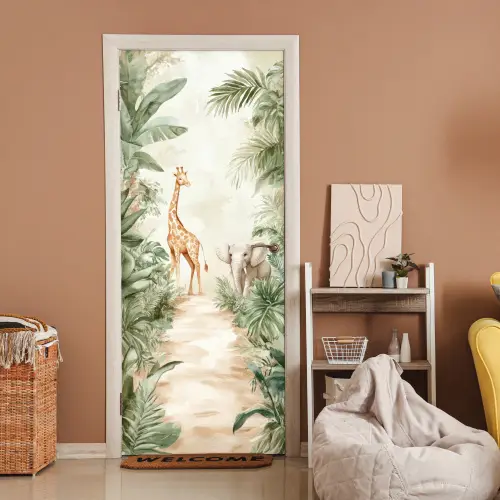 Jungle - Giraf - Olifant - Groen - Natuur deurposter klein -sfeer1
