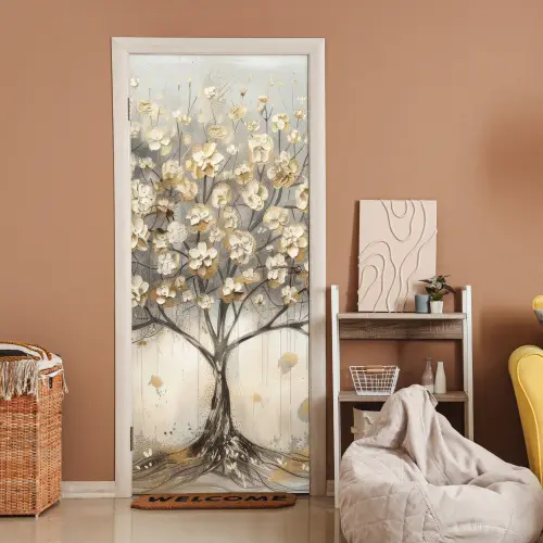 Boom - Beige - Goud - Verflook - Grijs deurposter klein -sfeer1