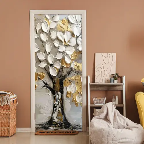 Boom - Beige - Grijs - Goud - Abstract deurposter klein -sfeer1