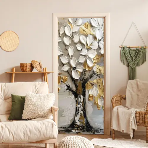 Boom - Beige - Grijs - Goud - Abstract deurposter klein -sfeer2