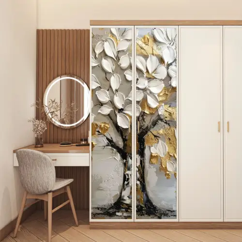 Boom - Beige - Grijs - Goud - Abstract deurposter klein -sfeer3