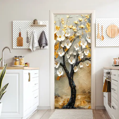 Boom - Bloemen - Goud - Beige deurposter klein -sfeer5