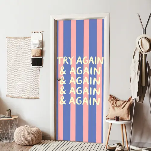 Try again - Strepen - Roze - Verticaal - Blauw deurposter klein -sfeer6