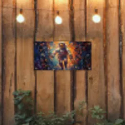 Astronaut - Neon - Oranje - Ruimte tuinposter los doek klein -sfeer1