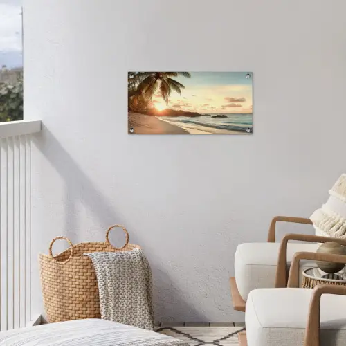 Strand - Palmbomen - Oceaan - Zonsondergang tuinposter los doek klein -sfeer8