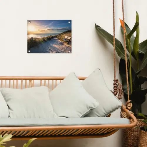 Strandpad met Bankje bij Zonsondergang tuinposter los doek klein -sfeer7
