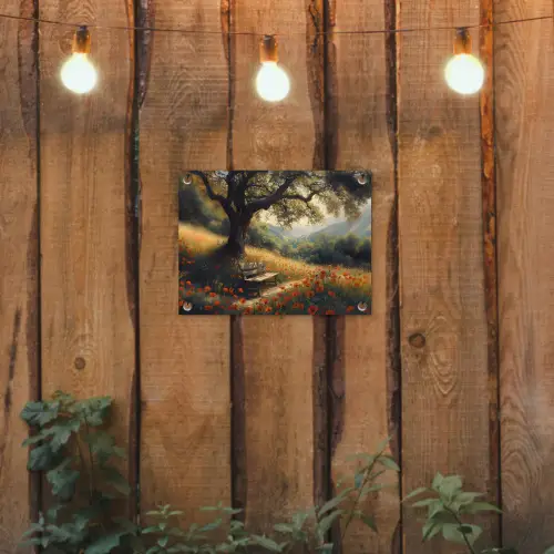 Bankje - Boom - Klaprozen - Heuvels tuinposter los doek klein -sfeer1