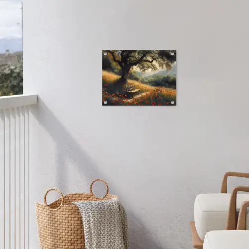 Bankje - Boom - Klaprozen - Heuvels tuinposter los doek klein -sfeer8