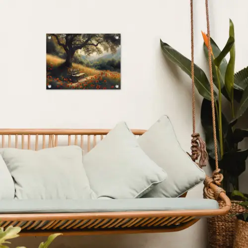 Bankje - Boom - Klaprozen - Heuvels tuinposter los doek klein -sfeer7
