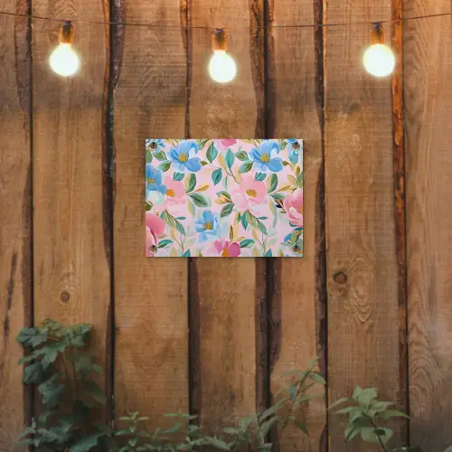 Blauw - Roze - Bloemen tuinposter los doek klein -sfeer1