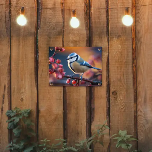 Pimpelmees bij Bloesems tuinposter los doek klein -sfeer1