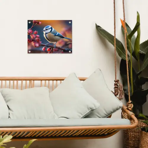 Pimpelmees bij Bloesems tuinposter los doek klein -sfeer7