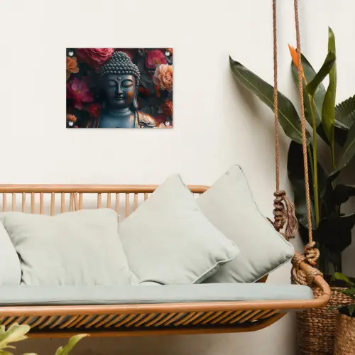 Boeddhabeeld omgeven door bloemen tuinposter los doek klein -sfeer7