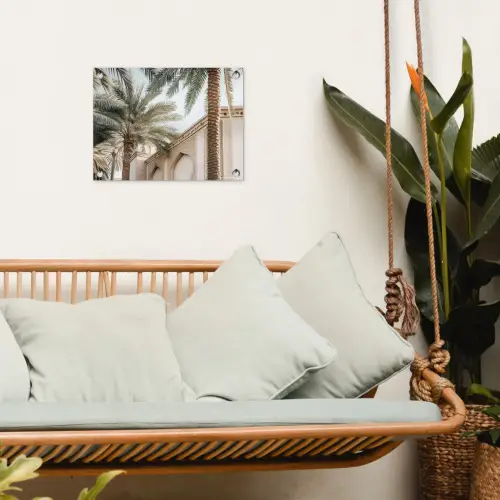 Gebouw - Palmbomen - Beige - Zon tuinposter los doek klein -sfeer7