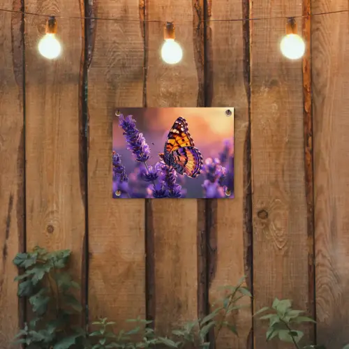 Vlinder op lavendel bij zonsondergang tuinposter los doek klein -sfeer1