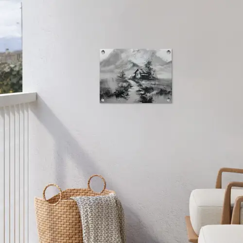 Hut - Grijs - Bergen - Mistig tuinposter los doek klein -sfeer8
