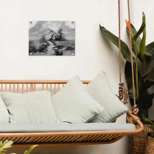 Hut - Grijs - Bergen - Mistig tuinposter los doek klein -sfeer7