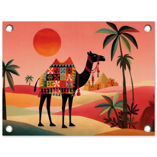 Kameel - Gekleurd tapijt - Duinen - Rode zon tuinposter los doek klein -3d