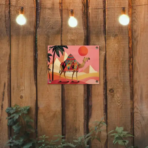 Kameel - Pyramides - Rode zon tuinposter los doek klein -sfeer1