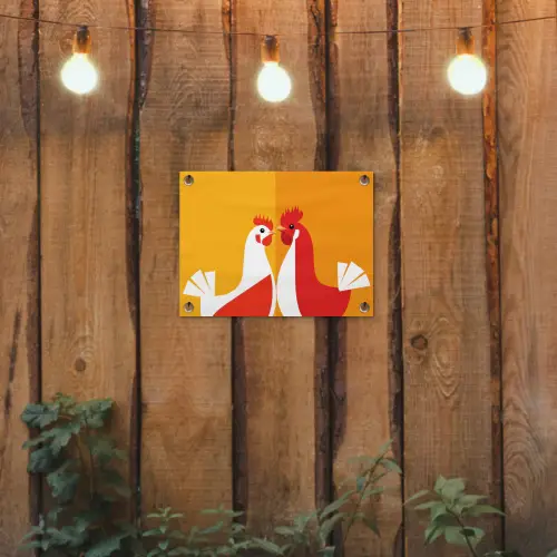 Kippen - Oranje - Vlakken tuinposter los doek klein -sfeer1