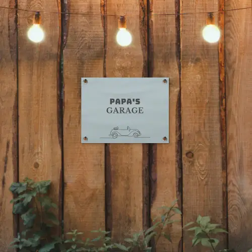 Papa's Garage met auto tuinposter los doek klein -sfeer1