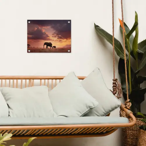 Olifanten - Grasland - Zonsondergang tuinposter los doek klein -sfeer7