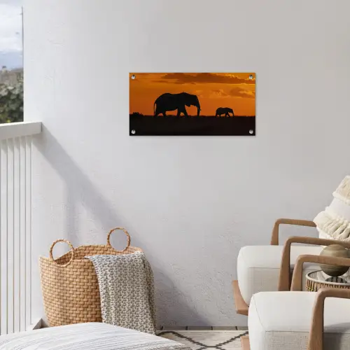 Olifanten - Savanne - Zonsondergang tuinposter los doek klein -sfeer8