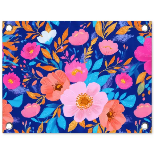 Bloemen - Blauw - Roze tuinposter los doek klein -3d