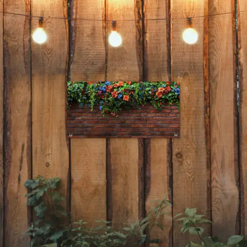 Bloemen - Muur - Groen - Oranje tuinposter los doek klein -sfeer1