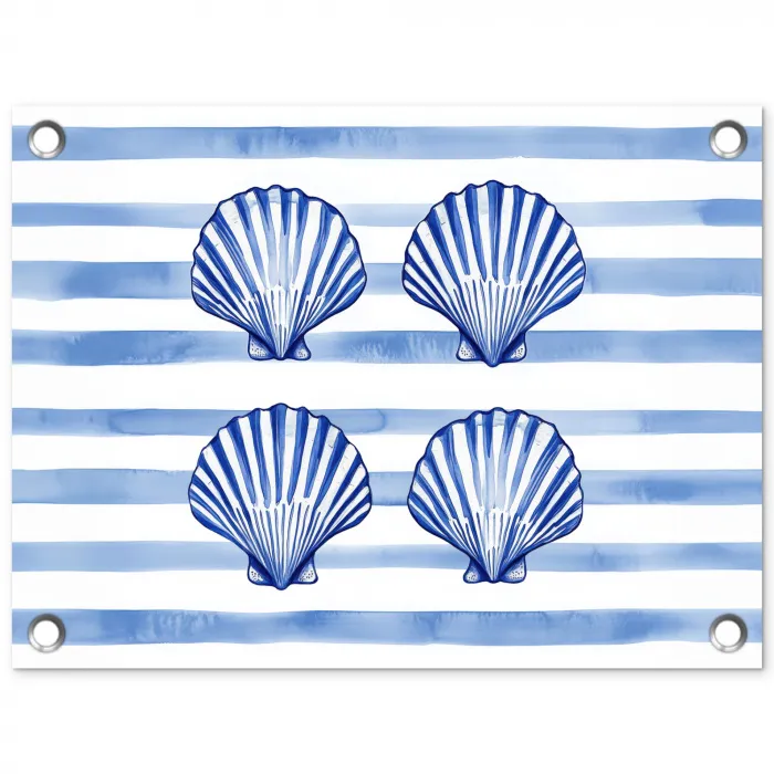 Vier schelpen - Blauw - Wit - Strepen tuinposter los doek klein -3d